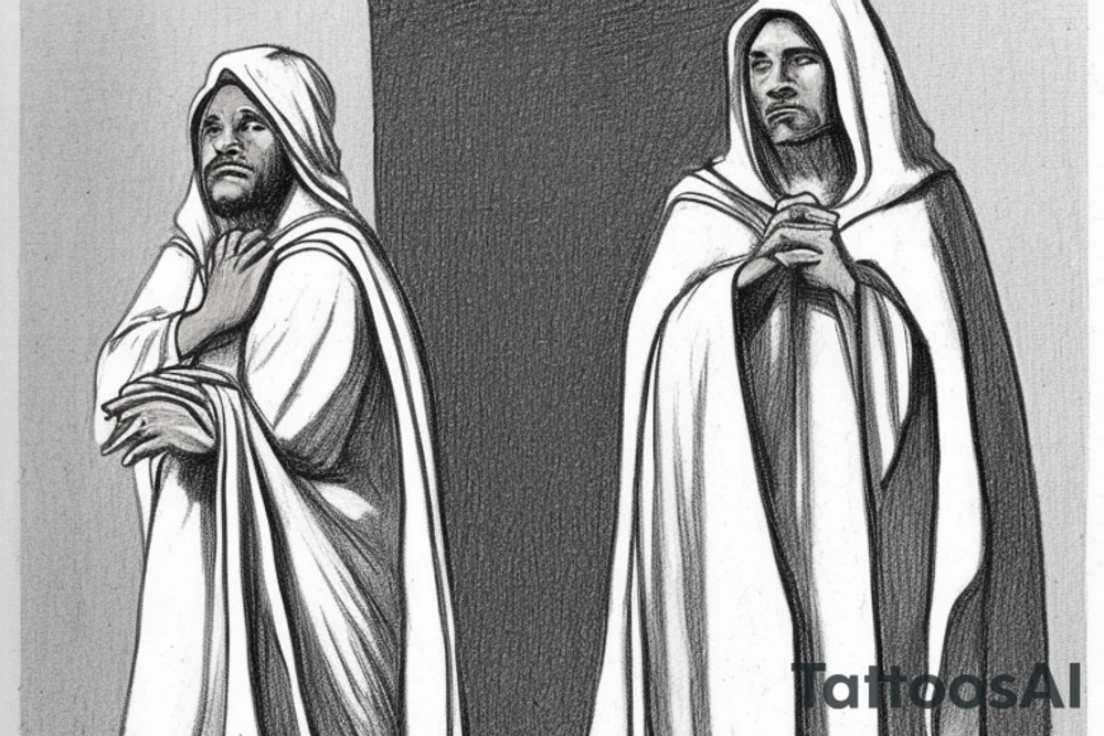 The man is dressed in simple clothes that are typical of the first century. He is wearing a long tunic, a hooded thick cloak, and sandals. His wears a tunica with a white fabric around this head. He is holding a thick staff in his left hand and is walking to the left. The background is blank.

The drawing is done in black lines on a blank background. The lines are simple and delicate, and they capture the man's thin, wiry frame. He seems to be lost in thought as he walks to the left.

The drawing has a sense of timelessness. The man's clothes and hairstyle are typical of the first century, but the drawing could have been made any time in the past 2,000 years. The blank background also contributes to the sense of timelessness. The man is walking facing the left. tattoo idea