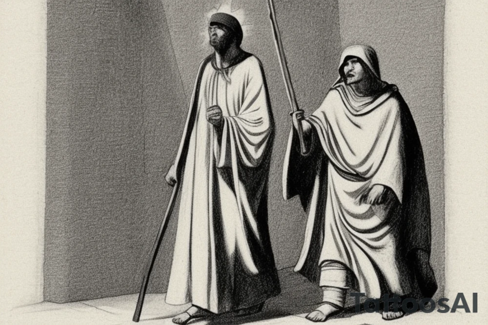 The man is dressed in simple clothes that are typical of the first century. He is wearing a long tunic, a hooded thick cloak, and sandals. His wears a tunica with a white fabric around this head. He is holding a thick staff in his left hand and is walking to the left. The background is blank.

The drawing is done in black lines on a blank background. The lines are simple and delicate, and they capture the man's thin, wiry frame. He seems to be lost in thought as he walks to the left.

The drawing has a sense of timelessness. The man's clothes and hairstyle are typical of the first century, but the drawing could have been made any time in the past 2,000 years. The blank background also contributes to the sense of timelessness. The man is walking facing the left. tattoo idea