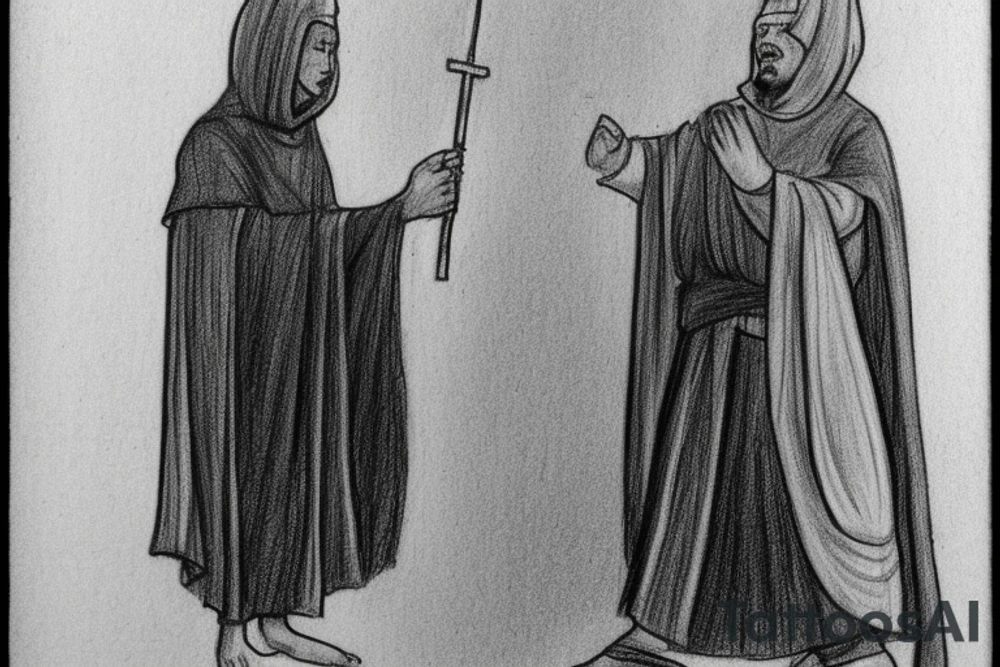 The man is dressed in simple clothes that are typical of the first century. He is wearing a long tunic, a hooded thick cloak, and sandals. His wears a tunica with a white fabric around this head. He is holding a thick staff in his left hand and is walking to the left. The background is blank.

The drawing is done in black lines on a blank background. The lines are simple and delicate, and they capture the man's thin, wiry frame. He seems to be lost in thought as he walks to the left.

The drawing has a sense of timelessness. The man's clothes and hairstyle are typical of the first century, but the drawing could have been made any time in the past 2,000 years. The blank background also contributes to the sense of timelessness. The man is walking facing the left. tattoo idea