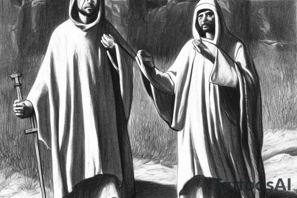 The man is dressed in simple clothes that are typical of the first century. He is wearing a long tunic, a hooded thick cloak, and sandals. His wears a tunica with a white fabric around this head. He is holding a thick staff in his left hand and is walking to the left. The background is blank.

The drawing is done in black lines on a blank background. The lines are simple and delicate, and they capture the man's thin, wiry frame. He seems to be lost in thought as he walks to the left.

The drawing has a sense of timelessness. The man's clothes and hairstyle are typical of the first century, but the drawing could have been made any time in the past 2,000 years. The blank background also contributes to the sense of timelessness. The man is walking facing the left. tattoo idea