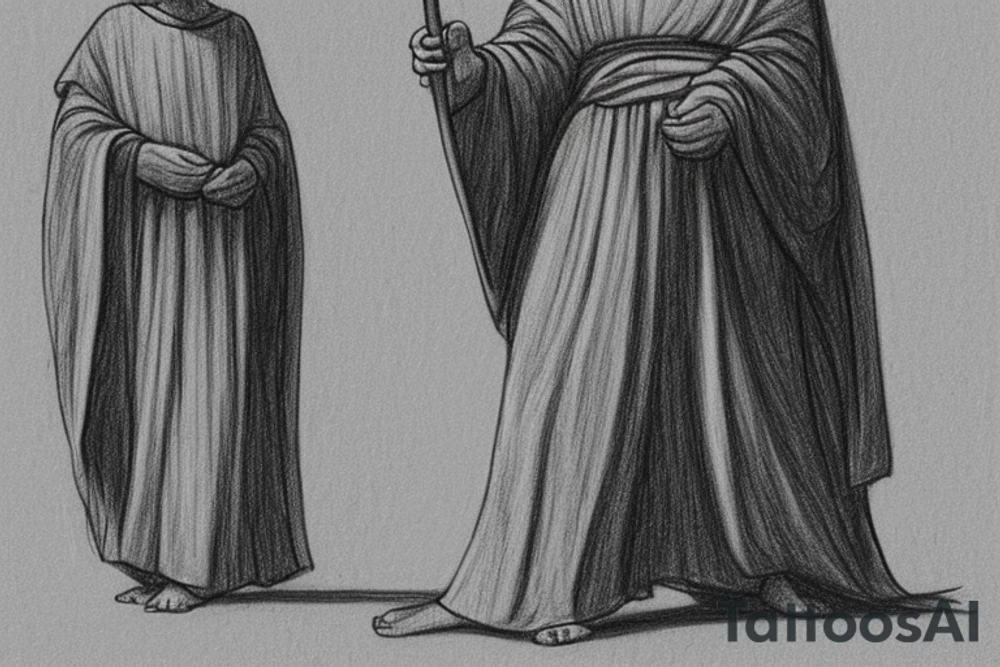 The man is dressed in simple clothes that are typical of the first century. He is wearing a long tunic, a hooded thick cloak, and sandals. His wears a tunica with a white fabric around this head. He is holding a thick staff in his left hand and is walking to the left. The background is blank.

The drawing is done in black lines on a blank background. The lines are simple and delicate, and they capture the man's thin, wiry frame. He seems to be lost in thought as he walks to the left.

The drawing has a sense of timelessness. The man's clothes and hairstyle are typical of the first century, but the drawing could have been made any time in the past 2,000 years. The blank background also contributes to the sense of timelessness. The man is walking facing the left. tattoo idea