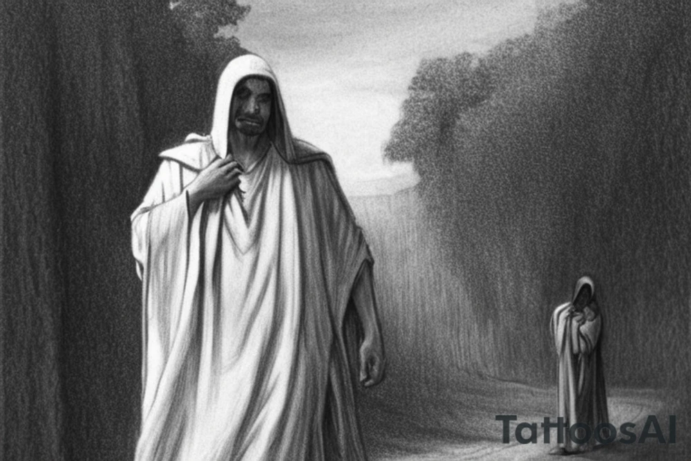 The man is dressed in simple clothes that are typical of the first century. He is wearing a long tunic, a hooded thick cloak, and sandals. His wears a tunica with a white fabric around this head. He is holding a thick staff in his left hand and is walking to the left. The background is blank.

The drawing is done in black lines on a blank background. The lines are simple and delicate, and they capture the man's thin, wiry frame. He seems to be lost in thought as he walks to the left.

The drawing has a sense of timelessness. The man's clothes and hairstyle are typical of the first century, but the drawing could have been made any time in the past 2,000 years. The blank background also contributes to the sense of timelessness. The man is walking facing the left. tattoo idea