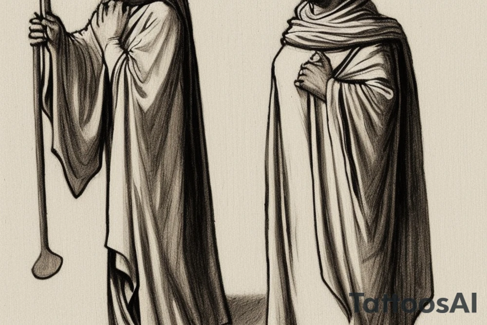 The man is dressed in simple clothes that are typical of the first century. He is wearing a long tunic, a hooded thick cloak, and sandals. His wears a tunica with a white fabric around this head. He is holding a thick staff in his left hand and is walking to the left. The background is blank.

The drawing is done in black lines on a blank background. The lines are simple and delicate, and they capture the man's thin, wiry frame. He seems to be lost in thought as he walks to the left.

The drawing has a sense of timelessness. The man's clothes and hairstyle are typical of the first century, but the drawing could have been made any time in the past 2,000 years. The blank background also contributes to the sense of timelessness. The man is walking facing the left. tattoo idea