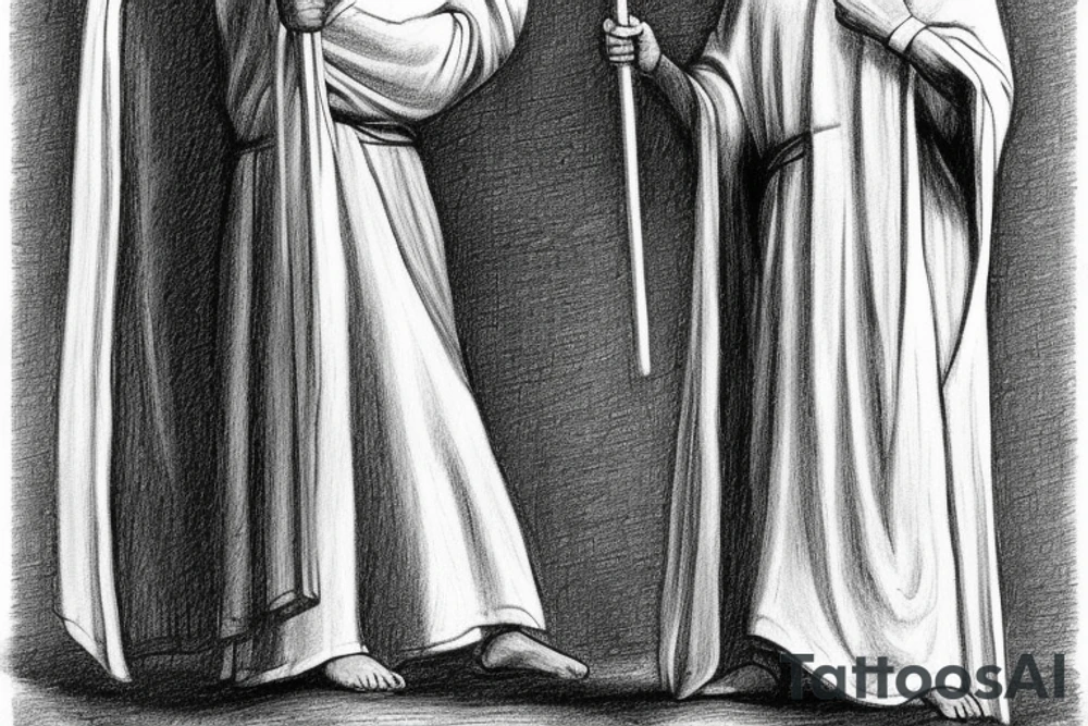 The man is dressed in simple clothes that are typical of the first century. He is wearing a long tunic, a hooded thick cloak, and sandals. His wears a tunica with a white fabric around this head. He is holding a thick staff in his left hand and is walking to the left. The background is blank.

The drawing is done in black lines on a blank background. The lines are simple and delicate, and they capture the man's thin, wiry frame. He seems to be lost in thought as he walks to the left.

The drawing has a sense of timelessness. The man's clothes and hairstyle are typical of the first century, but the drawing could have been made any time in the past 2,000 years. The blank background also contributes to the sense of timelessness. The man is walking facing the left. tattoo idea