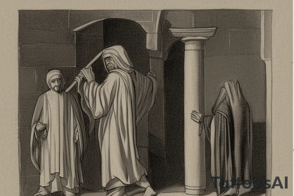 The man is dressed in simple clothes that are typical of the first century. He is wearing a long tunic, a hooded thick cloak, and sandals. His wears a tunica with a white fabric around this head. He is holding a thick staff in his left hand and is walking to the left. The background is blank.

The drawing is done in black lines on a blank background. The lines are simple and delicate, and they capture the man's thin, wiry frame. He seems to be lost in thought as he walks to the left.

The drawing has a sense of timelessness. The man's clothes and hairstyle are typical of the first century, but the drawing could have been made any time in the past 2,000 years. The blank background also contributes to the sense of timelessness. The man is walking facing the left. tattoo idea