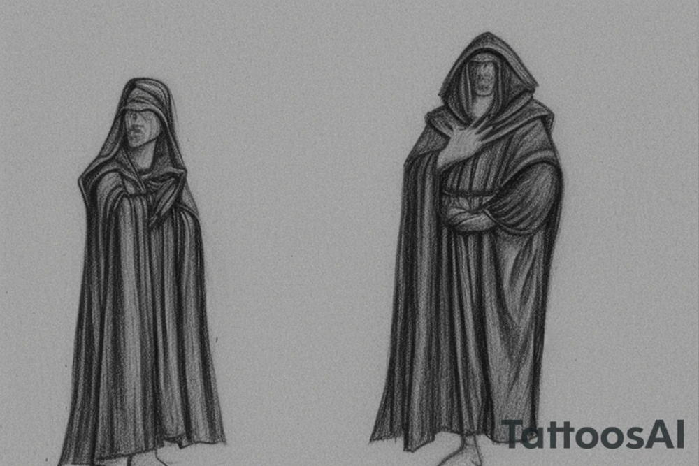 The man is dressed in simple clothes that are typical of the first century. He is wearing a long tunic, a hooded thick cloak, and sandals. His wears a tunica with a white fabric around this head. He is holding a thick staff in his left hand and is walking to the left. The background is blank.

The drawing is done in black lines on a blank background. The lines are simple and delicate, and they capture the man's thin, wiry frame. He seems to be lost in thought as he walks to the left.

The drawing has a sense of timelessness. The man's clothes and hairstyle are typical of the first century, but the drawing could have been made any time in the past 2,000 years. The blank background also contributes to the sense of timelessness. The man is walking facing the left. tattoo idea