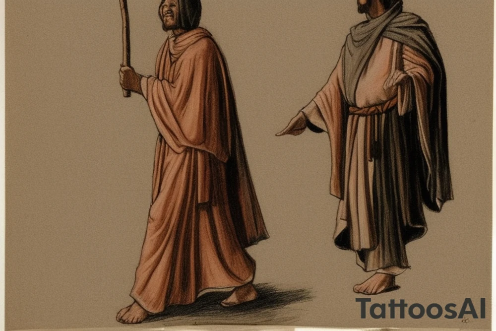 The man is dressed in simple clothes that are typical of the first century. He is wearing a long tunic, a hooded thick cloak, and sandals. His wears a tunica with a white fabric around this head. He is holding a thick staff in his left hand and is walking to the left. The background is blank.

The drawing is done in black lines on a blank background. The lines are simple and delicate, and they capture the man's thin, wiry frame. He seems to be lost in thought as he walks to the left.

The drawing has a sense of timelessness. The man's clothes and hairstyle are typical of the first century, but the drawing could have been made any time in the past 2,000 years. The blank background also contributes to the sense of timelessness. The man is walking facing the left. tattoo idea