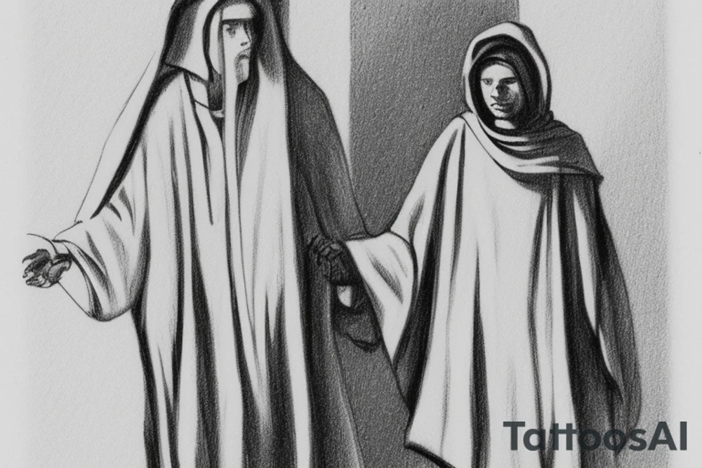 The man is dressed in simple clothes that are typical of the first century. He is wearing a long tunic, a hooded thick cloak, and sandals. His wears a tunica with a white fabric around this head. He is holding a thick staff in his left hand and is walking to the left. The background is blank.

The drawing is done in black lines on a blank background. The lines are simple and delicate, and they capture the man's thin, wiry frame. He seems to be lost in thought as he walks to the left.

The drawing has a sense of timelessness. The man's clothes and hairstyle are typical of the first century, but the drawing could have been made any time in the past 2,000 years. The blank background also contributes to the sense of timelessness. The man is walking facing the left. tattoo idea