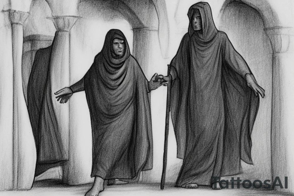 The man is dressed in simple clothes that are typical of the first century. He is wearing a long tunic, a hooded thick cloak, and sandals. His wears a tunica with a white fabric around this head. He is holding a thick staff in his left hand and is walking to the left. The background is blank.

The drawing is done in black lines on a blank background. The lines are simple and delicate, and they capture the man's thin, wiry frame. He seems to be lost in thought as he walks to the left.

The drawing has a sense of timelessness. The man's clothes and hairstyle are typical of the first century, but the drawing could have been made any time in the past 2,000 years. The blank background also contributes to the sense of timelessness. The man is walking facing the left. tattoo idea