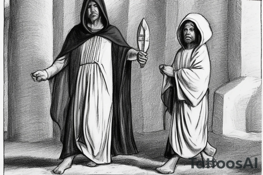 The man is dressed in simple clothes that are typical of the first century. He is wearing a long tunic, a hooded thick cloak, and sandals. His wears a tunica with a white fabric around this head. He is holding a thick staff in his left hand and is walking to the left. The background is blank.

The drawing is done in black lines on a blank background. The lines are simple and delicate, and they capture the man's thin, wiry frame. He seems to be lost in thought as he walks to the left.

The drawing has a sense of timelessness. The man's clothes and hairstyle are typical of the first century, but the drawing could have been made any time in the past 2,000 years. The blank background also contributes to the sense of timelessness. The man is walking facing the left. tattoo idea