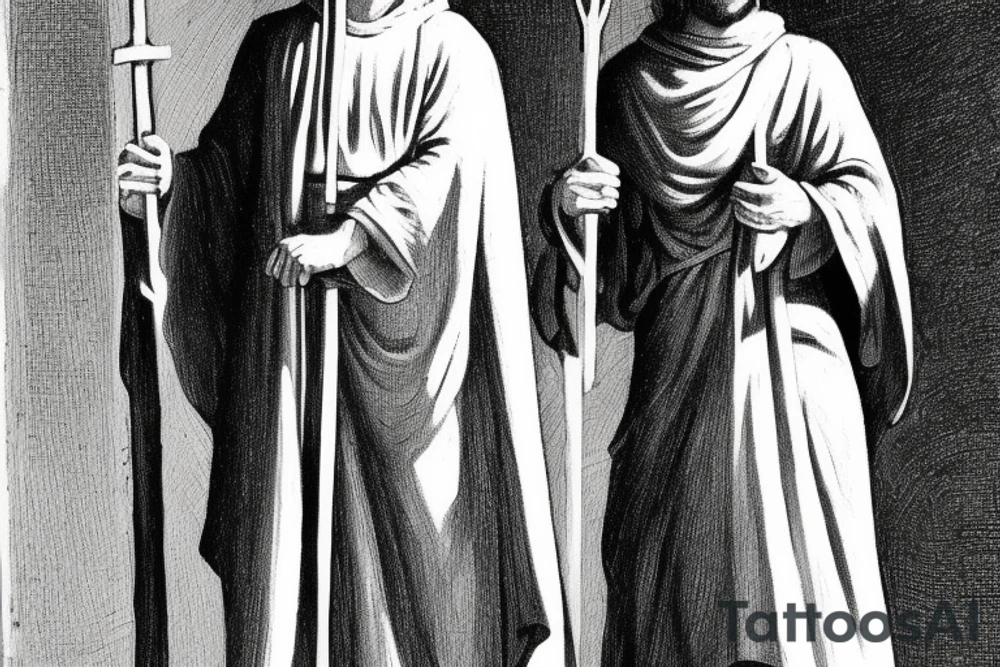 The man is dressed in simple clothes that are typical of the first century. He is wearing a long tunic, a hooded thick cloak, and sandals. His wears a tunica with a white fabric around this head. He is holding a thick staff in his left hand and is walking to the left. The background is blank.

The drawing is done in black lines on a blank background. The lines are simple and delicate, and they capture the man's thin, wiry frame. He seems to be lost in thought as he walks to the left.

The drawing has a sense of timelessness. The man's clothes and hairstyle are typical of the first century, but the drawing could have been made any time in the past 2,000 years. The blank background also contributes to the sense of timelessness. The man is walking facing the left. tattoo idea