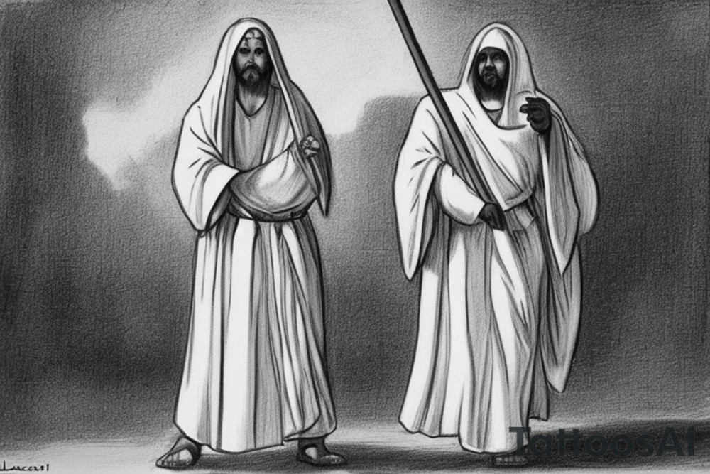 The man is dressed in simple clothes that are typical of the first century. He is wearing a long tunic, a hooded thick cloak, and sandals. His wears a tunica with a white fabric around this head. He is holding a thick staff in his left hand and is walking to the left. The background is blank.

The drawing is done in black lines on a blank background. The lines are simple and delicate, and they capture the man's thin, wiry frame. He seems to be lost in thought as he walks to the left.

The drawing has a sense of timelessness. The man's clothes and hairstyle are typical of the first century, but the drawing could have been made any time in the past 2,000 years. The blank background also contributes to the sense of timelessness. The man is walking facing the left. tattoo idea