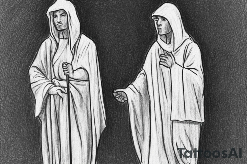 The man is dressed in simple clothes that are typical of the first century. He is wearing a long tunic, a hooded thick cloak, and sandals. His wears a tunica with a white fabric around this head. He is holding a thick staff in his left hand and is walking to the left. The background is blank.

The drawing is done in black lines on a blank background. The lines are simple and delicate, and they capture the man's thin, wiry frame. He seems to be lost in thought as he walks to the left.

The drawing has a sense of timelessness. The man's clothes and hairstyle are typical of the first century, but the drawing could have been made any time in the past 2,000 years. The blank background also contributes to the sense of timelessness. The man is walking facing the left. tattoo idea