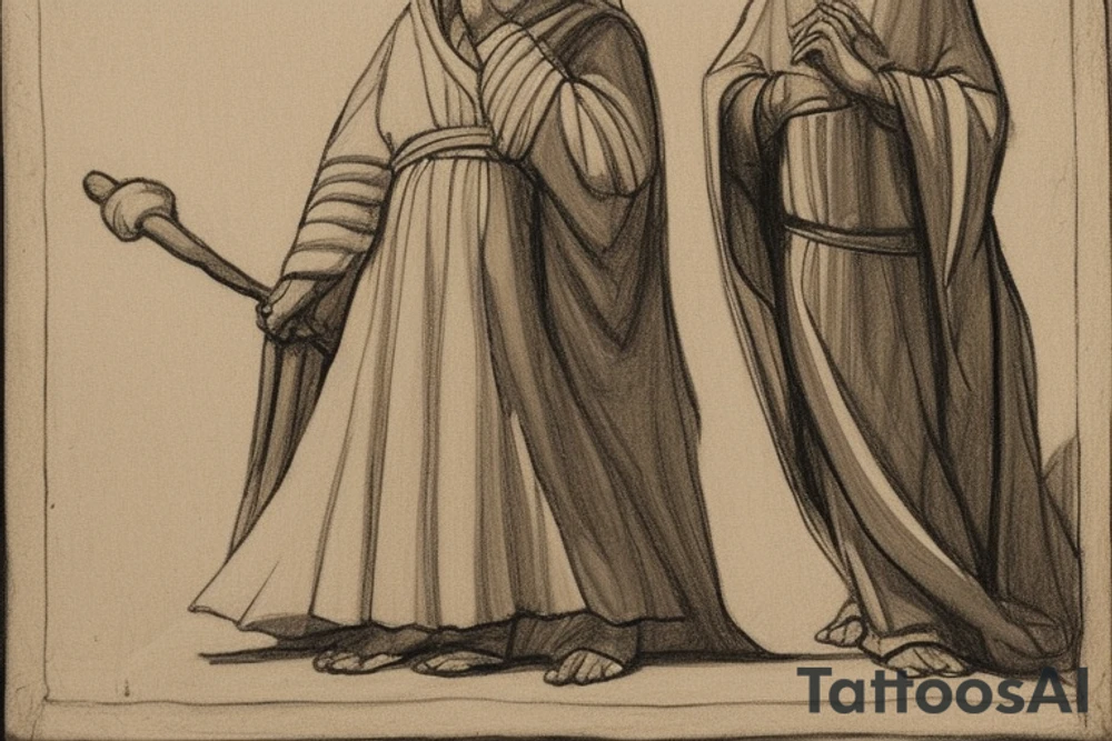The man is dressed in simple clothes that are typical of the first century. He is wearing a long tunic, a hooded thick cloak, and sandals. His wears a tunica with a white fabric around this head. He is holding a thick staff in his left hand and is walking to the left. The background is blank.

The drawing is done in black lines on a blank background. The lines are simple and delicate, and they capture the man's thin, wiry frame. He seems to be lost in thought as he walks to the left.

The drawing has a sense of timelessness. The man's clothes and hairstyle are typical of the first century, but the drawing could have been made any time in the past 2,000 years. The blank background also contributes to the sense of timelessness. The man is walking facing the left. tattoo idea