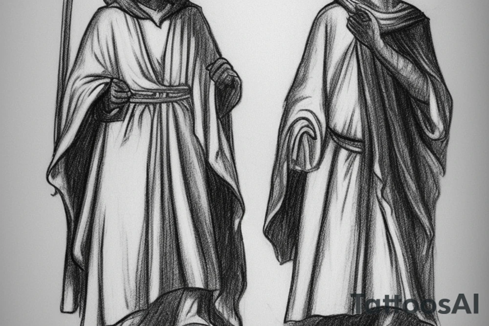 The man is dressed in simple clothes that are typical of the first century. He is wearing a long tunic, a hooded thick cloak, and sandals. His wears a tunica with a white fabric around this head. He is holding a thick staff in his left hand and is walking to the left. The background is blank.

The drawing is done in black lines on a blank background. The lines are simple and delicate, and they capture the man's thin, wiry frame. He seems to be lost in thought as he walks to the left.

The drawing has a sense of timelessness. The man's clothes and hairstyle are typical of the first century, but the drawing could have been made any time in the past 2,000 years. The blank background also contributes to the sense of timelessness. The man is walking facing the left. tattoo idea