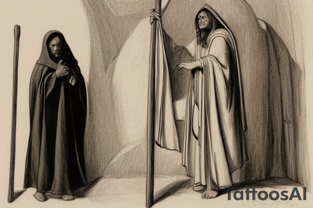 The man is dressed in simple clothes that are typical of the first century. He is wearing a long tunic, a hooded thick cloak, and sandals. His wears a tunica with a white fabric around this head. He is holding a thick staff in his left hand and is walking to the left. The background is blank.

The drawing is done in black lines on a blank background. The lines are simple and delicate, and they capture the man's thin, wiry frame. He seems to be lost in thought as he walks to the left.

The drawing has a sense of timelessness. The man's clothes and hairstyle are typical of the first century, but the drawing could have been made any time in the past 2,000 years. The blank background also contributes to the sense of timelessness. The man is walking facing the left. tattoo idea