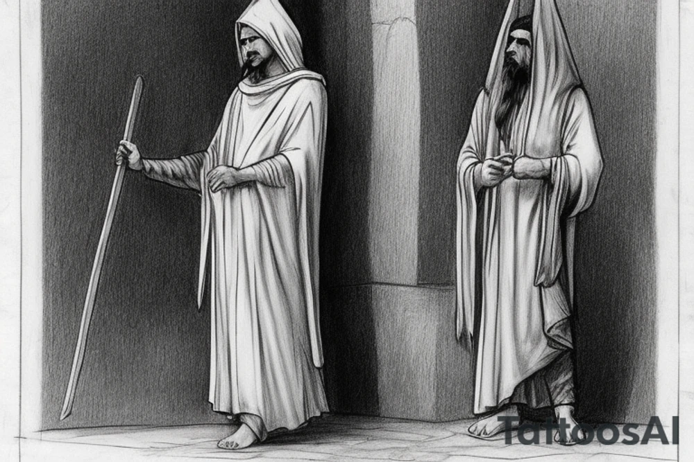 The man is dressed in simple clothes that are typical of the first century. He is wearing a long tunic, a hooded thick cloak, and sandals. His wears a tunica with a white fabric around this head. He is holding a thick staff in his left hand and is walking to the left. The background is blank.

The drawing is done in black lines on a blank background. The lines are simple and delicate, and they capture the man's thin, wiry frame. He seems to be lost in thought as he walks to the left.

The drawing has a sense of timelessness. The man's clothes and hairstyle are typical of the first century, but the drawing could have been made any time in the past 2,000 years. The blank background also contributes to the sense of timelessness. The man is walking facing the left. tattoo idea