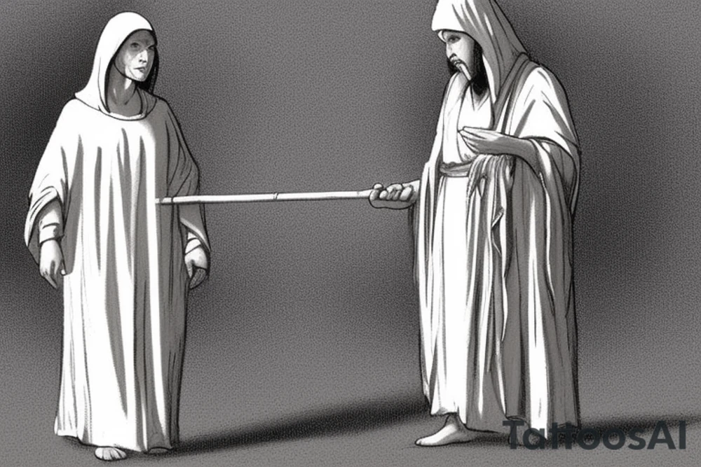 The man is dressed in simple clothes that are typical of the first century. He is wearing a long tunic, a hooded thick cloak, and sandals. His wears a tunica with a white fabric around this head. He is holding a thick staff in his left hand and is walking to the left. The background is blank.

The drawing is done in black lines on a blank background. The lines are simple and delicate, and they capture the man's thin, wiry frame. He seems to be lost in thought as he walks to the left.

The drawing has a sense of timelessness. The man's clothes and hairstyle are typical of the first century, but the drawing could have been made any time in the past 2,000 years. The blank background also contributes to the sense of timelessness. The man is walking facing the left. tattoo idea