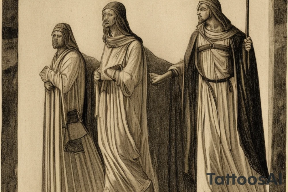 The man is dressed in simple clothes that are typical of the first century. He is wearing a long tunic, a hooded thick cloak, and sandals. His wears a tunica with a white fabric around this head. He is holding a thick staff in his left hand and is walking to the left. The background is blank.

The drawing is done in black lines on a blank background. The lines are simple and delicate, and they capture the man's thin, wiry frame. He seems to be lost in thought as he walks to the left.

The drawing has a sense of timelessness. The man's clothes and hairstyle are typical of the first century, but the drawing could have been made any time in the past 2,000 years. The blank background also contributes to the sense of timelessness. The man is walking facing the left. tattoo idea