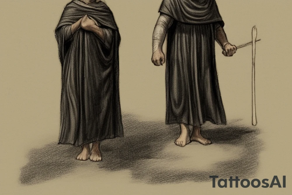 The man is dressed in simple clothes that are typical of the first century. He is wearing a long tunic, a hooded thick cloak, and sandals. His wears a tunica with a white fabric around this head. He is holding a thick staff in his left hand and is walking to the left. The background is blank.

The drawing is done in black lines on a blank background. The lines are simple and delicate, and they capture the man's thin, wiry frame. He seems to be lost in thought as he walks to the left.

The drawing has a sense of timelessness. The man's clothes and hairstyle are typical of the first century, but the drawing could have been made any time in the past 2,000 years. The blank background also contributes to the sense of timelessness. The man is walking facing the left. tattoo idea