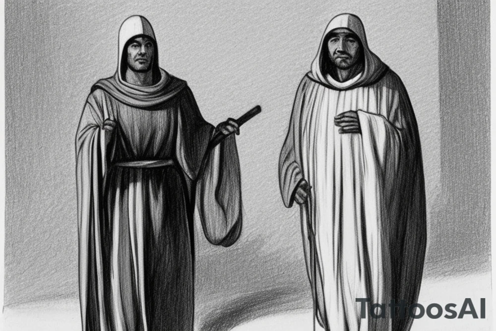 The man is dressed in simple clothes that are typical of the first century. He is wearing a long tunic, a hooded thick cloak, and sandals. His wears a tunica with a white fabric around this head. He is holding a thick staff in his left hand and is walking to the left. The background is blank.

The drawing is done in black lines on a blank background. The lines are simple and delicate, and they capture the man's thin, wiry frame. He seems to be lost in thought as he walks to the left.

The drawing has a sense of timelessness. The man's clothes and hairstyle are typical of the first century, but the drawing could have been made any time in the past 2,000 years. The blank background also contributes to the sense of timelessness. The man is walking facing the left. tattoo idea