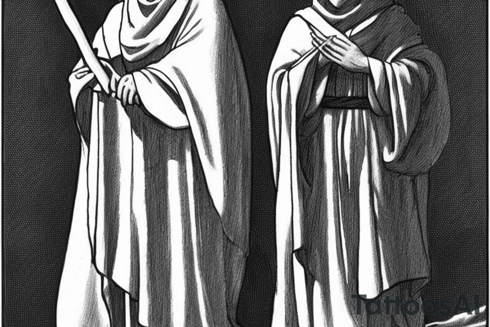 The man is dressed in simple clothes that are typical of the first century. He is wearing a long tunic, a hooded thick cloak, and sandals. His wears a tunica with a white fabric around this head. He is holding a thick staff in his left hand and is walking to the left. The background is blank.

The drawing is done in black lines on a blank background. The lines are simple and delicate, and they capture the man's thin, wiry frame. He seems to be lost in thought as he walks to the left.

The drawing has a sense of timelessness. The man's clothes and hairstyle are typical of the first century, but the drawing could have been made any time in the past 2,000 years. The blank background also contributes to the sense of timelessness. The man is walking facing the left. tattoo idea