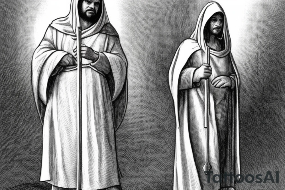 The man is dressed in simple clothes that are typical of the first century. He is wearing a long tunic, a hooded thick cloak, and sandals. His wears a tunica with a white fabric around this head. He is holding a thick staff in his left hand and is walking to the left. The background is blank.

The drawing is done in black lines on a blank background. The lines are simple and delicate, and they capture the man's thin, wiry frame. He seems to be lost in thought as he walks to the left.

The drawing has a sense of timelessness. The man's clothes and hairstyle are typical of the first century, but the drawing could have been made any time in the past 2,000 years. The blank background also contributes to the sense of timelessness. The man is walking facing the left. tattoo idea