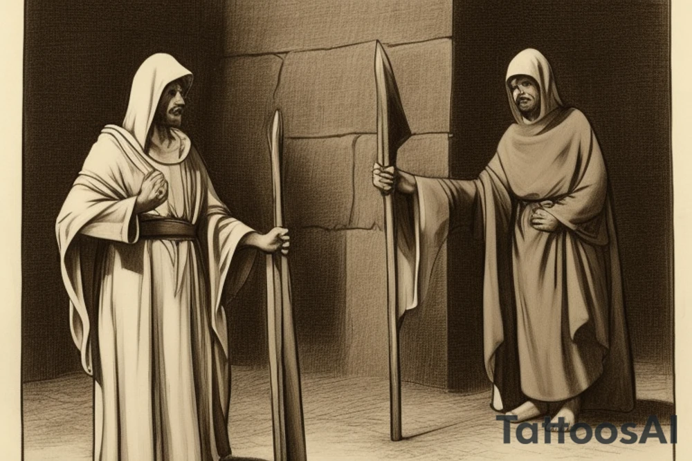 The man is dressed in simple clothes that are typical of the first century. He is wearing a long tunic, a hooded thick cloak, and sandals. His wears a tunica with a white fabric around this head. He is holding a thick staff in his left hand and is walking to the left. The background is blank.

The drawing is done in black lines on a blank background. The lines are simple and delicate, and they capture the man's thin, wiry frame. He seems to be lost in thought as he walks to the left.

The drawing has a sense of timelessness. The man's clothes and hairstyle are typical of the first century, but the drawing could have been made any time in the past 2,000 years. The blank background also contributes to the sense of timelessness. The man is walking facing the left. tattoo idea