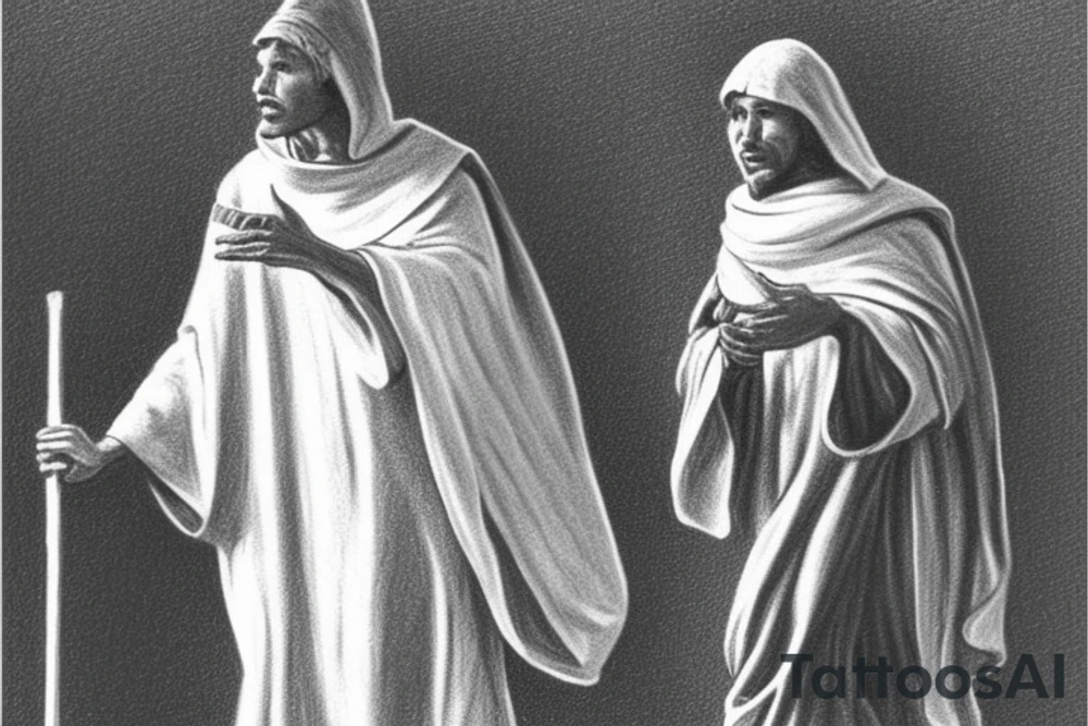 The man is dressed in simple clothes that are typical of the first century. He is wearing a long tunic, a hooded thick cloak, and sandals. His wears a tunica with a white fabric around this head. He is holding a thick staff in his left hand and is walking to the left. The background is blank.

The drawing is done in black lines on a blank background. The lines are simple and delicate, and they capture the man's thin, wiry frame. He seems to be lost in thought as he walks to the left.

The drawing has a sense of timelessness. The man's clothes and hairstyle are typical of the first century, but the drawing could have been made any time in the past 2,000 years. The blank background also contributes to the sense of timelessness. The man is walking facing the left. tattoo idea
