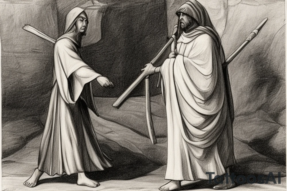 The man is dressed in simple clothes that are typical of the first century. He is wearing a long tunic, a hooded thick cloak, and sandals. His wears a tunica with a white fabric around this head. He is holding a thick staff in his left hand and is walking to the left. The background is blank.

The drawing is done in black lines on a blank background. The lines are simple and delicate, and they capture the man's thin, wiry frame. He seems to be lost in thought as he walks to the left.

The drawing has a sense of timelessness. The man's clothes and hairstyle are typical of the first century, but the drawing could have been made any time in the past 2,000 years. The blank background also contributes to the sense of timelessness. The man is walking facing the left. tattoo idea