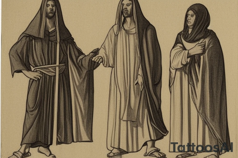 The man is dressed in simple clothes that are typical of the first century. He is wearing a long tunic, a hooded thick cloak, and sandals. His wears a tunica with a white fabric around this head. He is holding a thick staff in his left hand and is walking to the left. The background is blank.

The drawing is done in black lines on a blank background. The lines are simple and delicate, and they capture the man's thin, wiry frame. He seems to be lost in thought as he walks to the left.

The drawing has a sense of timelessness. The man's clothes and hairstyle are typical of the first century, but the drawing could have been made any time in the past 2,000 years. The blank background also contributes to the sense of timelessness. The man is walking facing the left. tattoo idea
