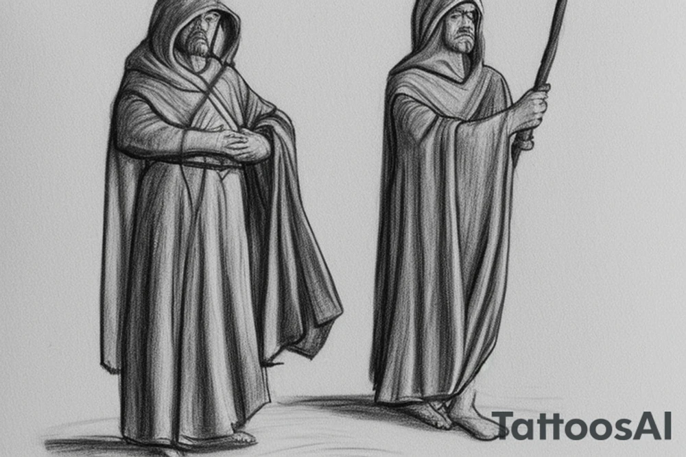 The man is dressed in simple clothes that are typical of the first century. He is wearing a long tunic, a hooded thick cloak, and sandals. His wears a tunica with a white fabric around this head. He is holding a thick staff in his left hand and is walking to the left. The background is blank.

The drawing is done in black lines on a blank background. The lines are simple and delicate, and they capture the man's thin, wiry frame. He seems to be lost in thought as he walks to the left.

The drawing has a sense of timelessness. The man's clothes and hairstyle are typical of the first century, but the drawing could have been made any time in the past 2,000 years. The blank background also contributes to the sense of timelessness. The man is walking facing the left. tattoo idea