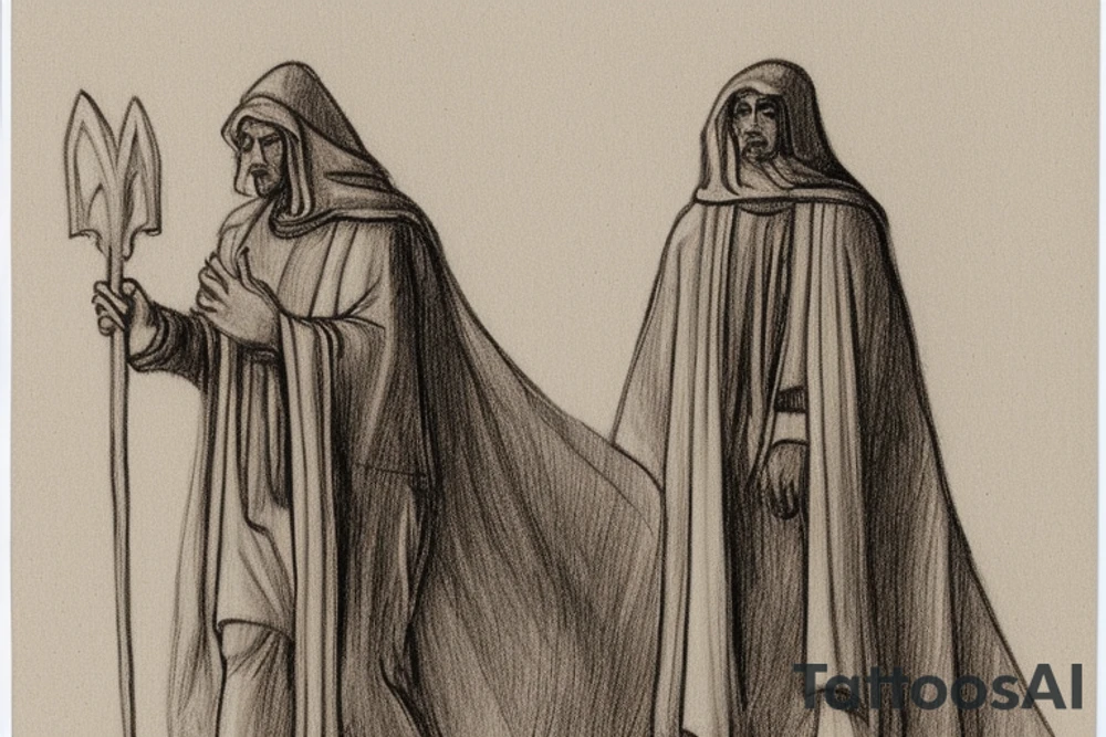 The man is dressed in simple clothes that are typical of the first century. He is wearing a long tunic, a hooded thick cloak, and sandals. His wears a tunica with a white fabric around this head. He is holding a thick staff in his left hand and is walking to the left. The background is blank.

The drawing is done in black lines on a blank background. The lines are simple and delicate, and they capture the man's thin, wiry frame. He seems to be lost in thought as he walks to the left.

The drawing has a sense of timelessness. The man's clothes and hairstyle are typical of the first century, but the drawing could have been made any time in the past 2,000 years. The blank background also contributes to the sense of timelessness. The man is walking facing the left. tattoo idea