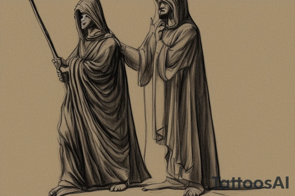 The man is dressed in simple clothes that are typical of the first century. He is wearing a long tunic, a hooded thick cloak, and sandals. His wears a tunica with a white fabric around this head. He is holding a thick staff in his left hand and is walking to the left. The background is blank.

The drawing is done in black lines on a blank background. The lines are simple and delicate, and they capture the man's thin, wiry frame. He seems to be lost in thought as he walks to the left.

The drawing has a sense of timelessness. The man's clothes and hairstyle are typical of the first century, but the drawing could have been made any time in the past 2,000 years. The blank background also contributes to the sense of timelessness. The man is walking facing the left. tattoo idea