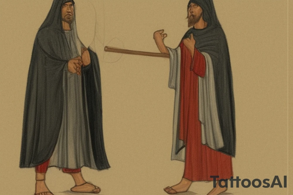The man is dressed in simple clothes that are typical of the first century. He is wearing a long tunic, a hooded thick cloak, and sandals. His wears a tunica with a white fabric around this head. He is holding a thick staff in his left hand and is walking to the left. The background is blank.

The drawing is done in black lines on a blank background. The lines are simple and delicate, and they capture the man's thin, wiry frame. He seems to be lost in thought as he walks to the left.

The drawing has a sense of timelessness. The man's clothes and hairstyle are typical of the first century, but the drawing could have been made any time in the past 2,000 years. The blank background also contributes to the sense of timelessness. The man is walking facing the left. tattoo idea