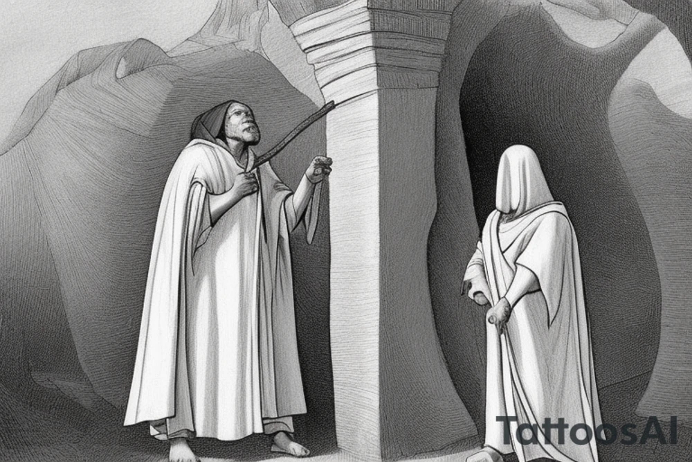 The man is dressed in simple clothes that are typical of the first century. He is wearing a long tunic, a hooded thick cloak, and sandals. His wears a tunica with a white fabric around this head. He is holding a thick staff in his left hand and is walking to the left. The background is blank.

The drawing is done in black lines on a blank background. The lines are simple and delicate, and they capture the man's thin, wiry frame. He seems to be lost in thought as he walks to the left.

The drawing has a sense of timelessness. The man's clothes and hairstyle are typical of the first century, but the drawing could have been made any time in the past 2,000 years. The blank background also contributes to the sense of timelessness. The man is walking facing the left. tattoo idea