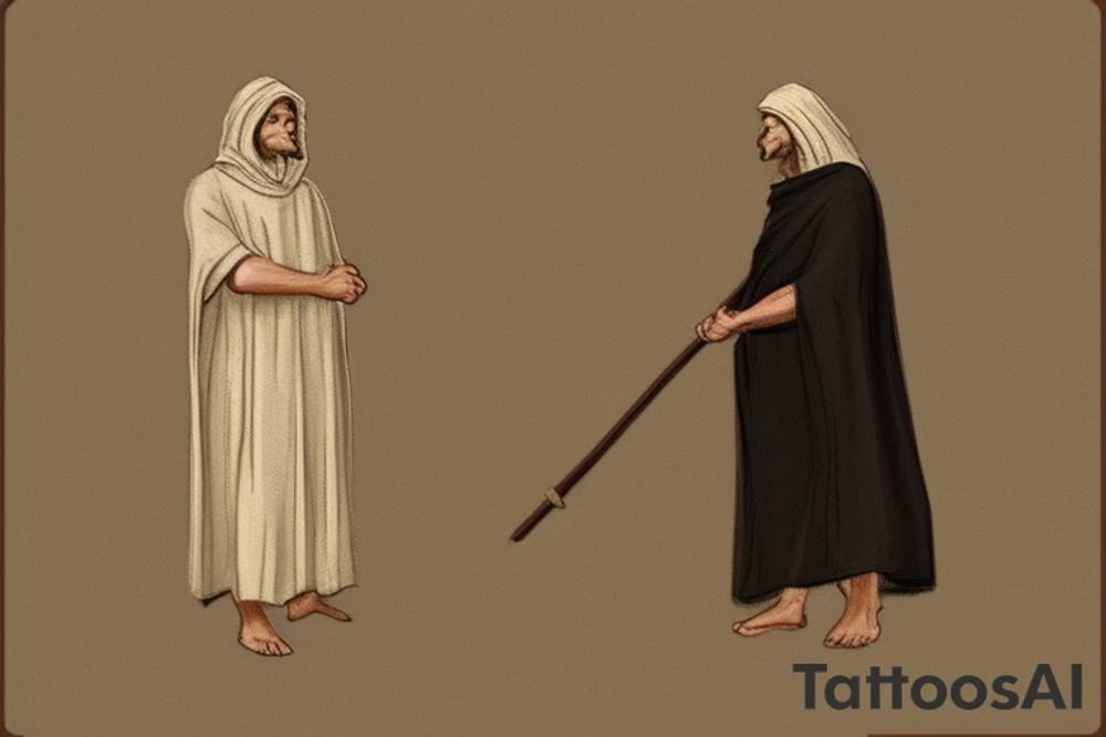 The man is dressed in simple clothes that are typical of the first century. He is wearing a long tunic, a hooded thick cloak, and sandals. His wears a tunica with a white fabric around this head. He is holding a thick staff in his left hand and is walking to the left. The background is blank.

The drawing is done in black lines on a blank background. The lines are simple and delicate, and they capture the man's thin, wiry frame. He seems to be lost in thought as he walks to the left.

The drawing has a sense of timelessness. The man's clothes and hairstyle are typical of the first century, but the drawing could have been made any time in the past 2,000 years. The blank background also contributes to the sense of timelessness. The man is walking facing the left. tattoo idea
