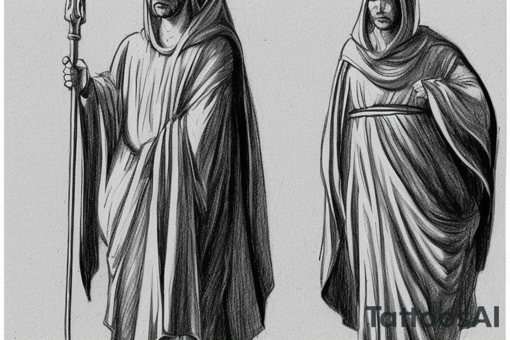 The man is dressed in simple clothes that are typical of the first century. He is wearing a long tunic, a hooded thick cloak, and sandals. His wears a tunica with a white fabric around this head. He is holding a thick staff in his left hand and is walking to the left. The background is blank.

The drawing is done in black lines on a blank background. The lines are simple and delicate, and they capture the man's thin, wiry frame. He seems to be lost in thought as he walks to the left.

The drawing has a sense of timelessness. The man's clothes and hairstyle are typical of the first century, but the drawing could have been made any time in the past 2,000 years. The blank background also contributes to the sense of timelessness. The man is walking facing the left. tattoo idea