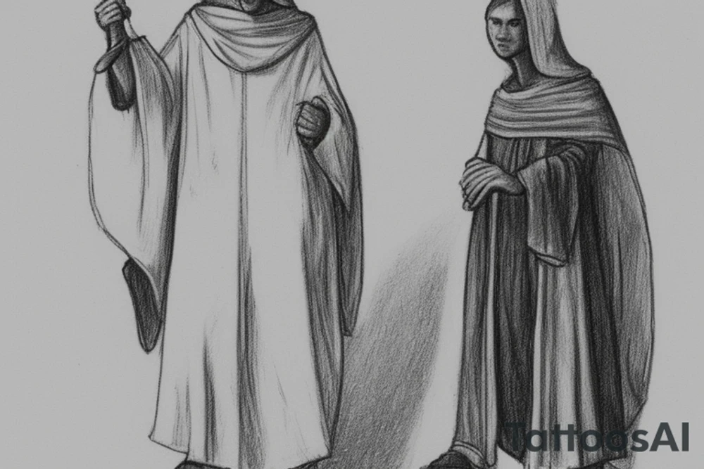 The man is dressed in simple clothes that are typical of the first century. He is wearing a long tunic, a hooded thick cloak, and sandals. His wears a tunica with a white fabric around this head. He is holding a thick staff in his left hand and is walking to the left. The background is blank.

The drawing is done in black lines on a blank background. The lines are simple and delicate, and they capture the man's thin, wiry frame. He seems to be lost in thought as he walks to the left.

The drawing has a sense of timelessness. The man's clothes and hairstyle are typical of the first century, but the drawing could have been made any time in the past 2,000 years. The blank background also contributes to the sense of timelessness. The man is walking facing the left. tattoo idea