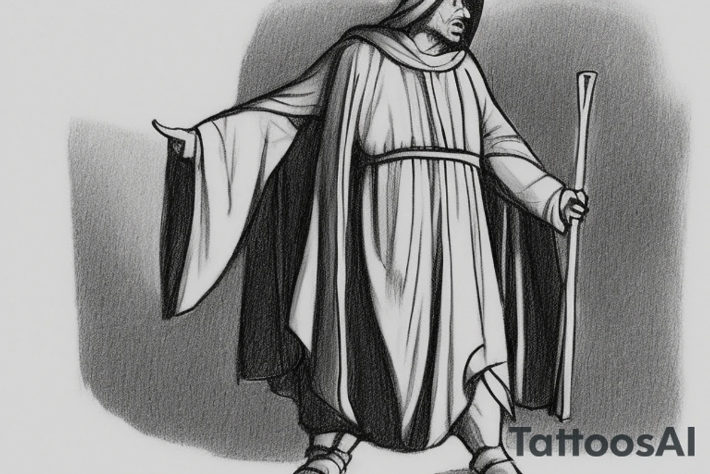 The man is dressed in simple clothes that are typical of the first century. He is wearing a long tunic, a hooded thick cloak, and sandals. His wears a tunica with a white fabric around this head. He is holding a thick staff in his left hand and is walking to the left. The background is blank.

The drawing is done in black lines on a blank background. The lines are simple and delicate, and they capture the man's thin, wiry frame. He seems to be lost in thought as he walks to the left.

The drawing has a sense of timelessness. The man's clothes and hairstyle are typical of the first century, but the drawing could have been made any time in the past 2,000 years. The blank background also contributes to the sense of timelessness. The man is walking facing the left. tattoo idea