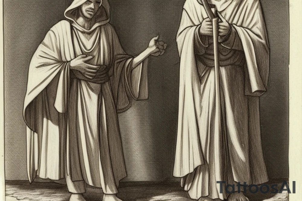 The man is dressed in simple clothes that are typical of the first century. He is wearing a long tunic, a hooded thick cloak, and sandals. His wears a tunica with a white fabric around this head. He is holding a thick staff in his left hand and is walking to the left. The background is blank.

The drawing is done in black lines on a blank background. The lines are simple and delicate, and they capture the man's thin, wiry frame. He seems to be lost in thought as he walks to the left.

The drawing has a sense of timelessness. The man's clothes and hairstyle are typical of the first century, but the drawing could have been made any time in the past 2,000 years. The blank background also contributes to the sense of timelessness. The man is walking facing the left. tattoo idea