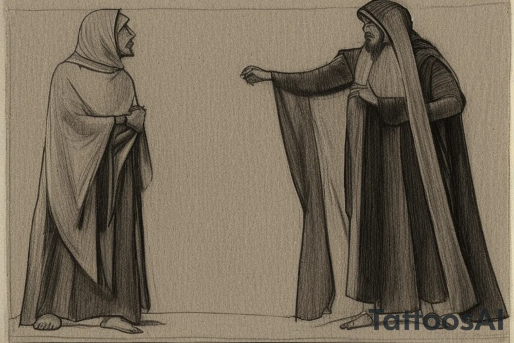 The man is dressed in simple clothes that are typical of the first century. He is wearing a long tunic, a hooded thick cloak, and sandals. His wears a tunica with a white fabric around this head. He is holding a thick staff in his left hand and is walking to the left. The background is blank.

The drawing is done in black lines on a blank background. The lines are simple and delicate, and they capture the man's thin, wiry frame. He seems to be lost in thought as he walks to the left.

The drawing has a sense of timelessness. The man's clothes and hairstyle are typical of the first century, but the drawing could have been made any time in the past 2,000 years. The blank background also contributes to the sense of timelessness. The man is walking facing the left. tattoo idea