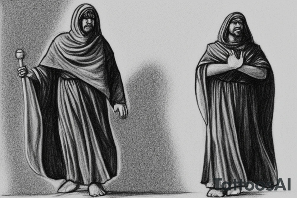 The man is dressed in simple clothes that are typical of the first century. He is wearing a long tunic, a hooded thick cloak, and sandals. His wears a tunica with a white fabric around this head. He is holding a thick staff in his left hand and is walking to the left. The background is blank.

The drawing is done in black lines on a blank background. The lines are simple and delicate, and they capture the man's thin, wiry frame. He seems to be lost in thought as he walks to the left.

The drawing has a sense of timelessness. The man's clothes and hairstyle are typical of the first century, but the drawing could have been made any time in the past 2,000 years. The blank background also contributes to the sense of timelessness. The man is walking facing the left. tattoo idea