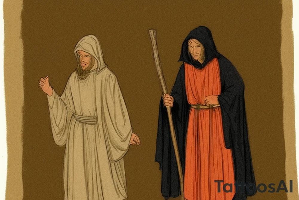 The man is dressed in simple clothes that are typical of the first century. He is wearing a long tunic, a hooded thick cloak, and sandals. His wears a tunica with a white fabric around this head. He is holding a thick staff in his left hand and is walking to the left. The background is blank.

The drawing is done in black lines on a blank background. The lines are simple and delicate, and they capture the man's thin, wiry frame. He seems to be lost in thought as he walks to the left.

The drawing has a sense of timelessness. The man's clothes and hairstyle are typical of the first century, but the drawing could have been made any time in the past 2,000 years. The blank background also contributes to the sense of timelessness. The man is walking facing the left. tattoo idea