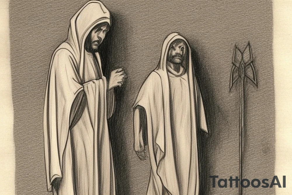 The man is dressed in simple clothes that are typical of the first century. He is wearing a long tunic, a hooded thick cloak, and sandals. His wears a tunica with a white fabric around this head. He is holding a thick staff in his left hand and is walking to the left. The background is blank.

The drawing is done in black lines on a blank background. The lines are simple and delicate, and they capture the man's thin, wiry frame. He seems to be lost in thought as he walks to the left.

The drawing has a sense of timelessness. The man's clothes and hairstyle are typical of the first century, but the drawing could have been made any time in the past 2,000 years. The blank background also contributes to the sense of timelessness. The man is walking facing the left. tattoo idea