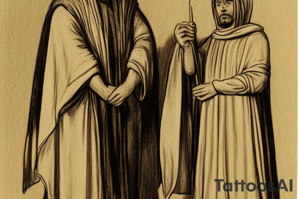 The man is dressed in simple clothes that are typical of the first century. He is wearing a long tunic, a hooded thick cloak, and sandals. His wears a tunica with a white fabric around this head. He is holding a thick staff in his left hand and is walking to the left. The background is blank.

The drawing is done in black lines on a blank background. The lines are simple and delicate, and they capture the man's thin, wiry frame. He seems to be lost in thought as he walks to the left.

The drawing has a sense of timelessness. The man's clothes and hairstyle are typical of the first century, but the drawing could have been made any time in the past 2,000 years. The blank background also contributes to the sense of timelessness. The man is walking facing the left. tattoo idea