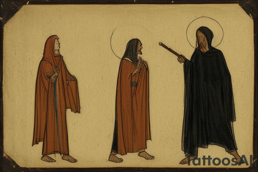 The man is dressed in simple clothes that are typical of the first century. He is wearing a long tunic, a hooded thick cloak, and sandals. His wears a tunica with a white fabric around this head. He is holding a thick staff in his left hand and is walking to the left. The background is blank.

The drawing is done in black lines on a blank background. The lines are simple and delicate, and they capture the man's thin, wiry frame. He seems to be lost in thought as he walks to the left.

The drawing has a sense of timelessness. The man's clothes and hairstyle are typical of the first century, but the drawing could have been made any time in the past 2,000 years. The blank background also contributes to the sense of timelessness. The man is walking facing the left. tattoo idea