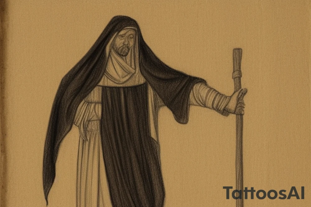 The man is dressed in simple clothes that are typical of the first century. He is wearing a long tunic, a hooded thick cloak, and sandals. His wears a tunica with a white fabric around this head. He is holding a thick staff in his left hand and is walking to the left. The background is blank.

The drawing is done in black lines on a blank background. The lines are simple and delicate, and they capture the man's thin, wiry frame. He seems to be lost in thought as he walks to the left.

The drawing has a sense of timelessness. The man's clothes and hairstyle are typical of the first century, but the drawing could have been made any time in the past 2,000 years. The blank background also contributes to the sense of timelessness. The man is walking facing the left. tattoo idea
