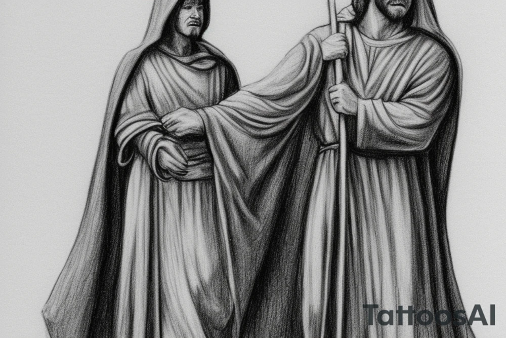 The man is dressed in simple clothes that are typical of the first century. He is wearing a long tunic, a hooded thick cloak, and sandals. His wears a tunica with a white fabric around this head. He is holding a thick staff in his left hand and is walking to the left. The background is blank.

The drawing is done in black lines on a blank background. The lines are simple and delicate, and they capture the man's thin, wiry frame. He seems to be lost in thought as he walks to the left.

The drawing has a sense of timelessness. The man's clothes and hairstyle are typical of the first century, but the drawing could have been made any time in the past 2,000 years. The blank background also contributes to the sense of timelessness. The man is walking facing the left. tattoo idea