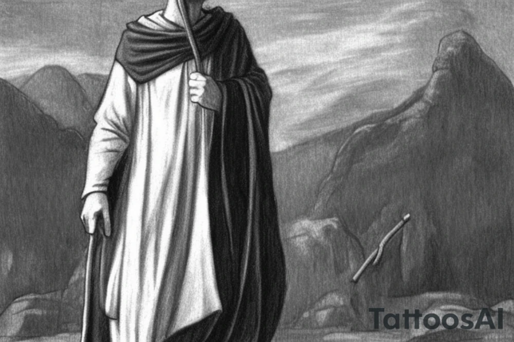 The man is dressed in simple clothes that are typical of the first century. He is wearing a long tunic, a hooded thick cloak, and sandals. His wears a tunica with a white fabric around this head. He is holding a thick staff in his left hand and is walking to the left. The background is blank.

The drawing is done in black lines on a blank background. The lines are simple and delicate, and they capture the man's thin, wiry frame. He seems to be lost in thought as he walks to the left.

The drawing has a sense of timelessness. The man's clothes and hairstyle are typical of the first century, but the drawing could have been made any time in the past 2,000 years. The blank background also contributes to the sense of timelessness. The man is walking facing the left. tattoo idea